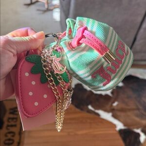 Juicy Couture Pink Strawberry Charm Keychain with Mint Striped Pouch